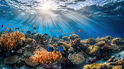 Obraz premium A vibrant underwater scene showcasing a colorful coral reef with diverse marine life thriving amidst colorful corals, illuminated by sunlight rays.