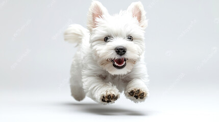 Playful white puppy in mid-air leap.