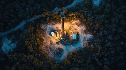 Fototapeta premium Drilling operation at night in a remote wooded area showcasing industrial activity and equipment