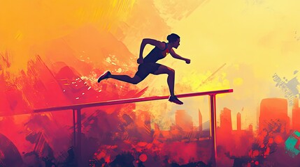 Naklejka premium Silhouette of a runner jumping over a hurdle in a colorful abstract cityscape background