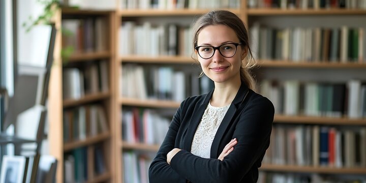 Female sociologist standing confidently in a research office, working on community focused studies and research