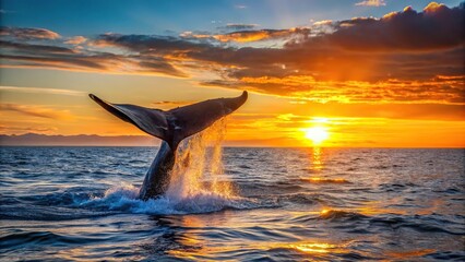 Fototapeta premium Southern Right Whale Eubalaena australis fluking at sunset from high angle view