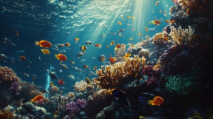 Obraz premium A vibrant underwater scene featuring a variety of colorful coral and numerous fish swimming among the corals, illuminated by rays of sunlight.