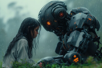 Obraz premium Child interacts with a robot in a rainy forest setting during a contemplative moment