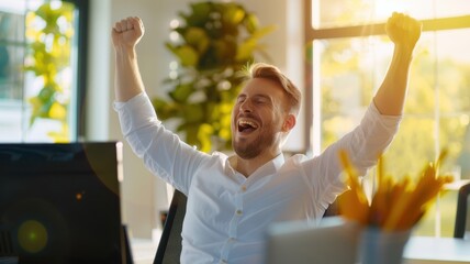 A joyful man celebrates a personal or professional success in a bright, modern office setting, basking in positive energy and achievement.