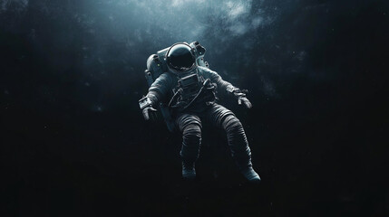 Fototapeta premium Astronaut floats gracefully in deep ocean water, exploring the unknown depths in a surreal setting