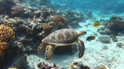 Obraz premium A beautiful sea turtle gliding gracefully through vibrant coral reefs, surrounded by colorful fish in a deep blue ocean environment.