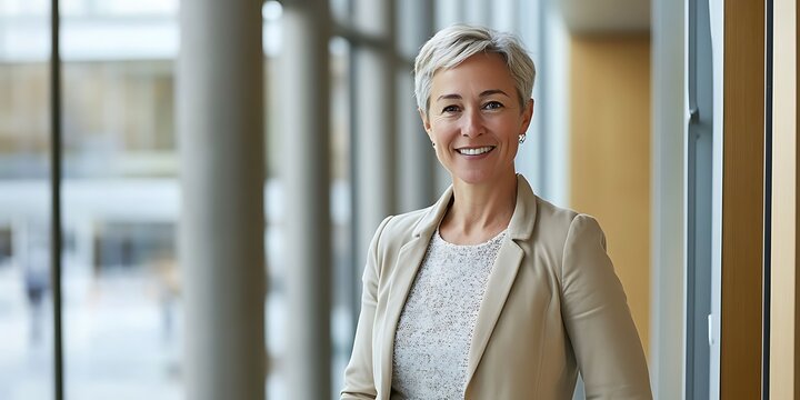 Environmental consultant standing confidently in a corporate office with smiling portrait shot