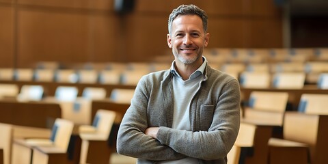 Fototapeta premium Portrait of a criminology professor standing confidently in a university lecture hall, smiling