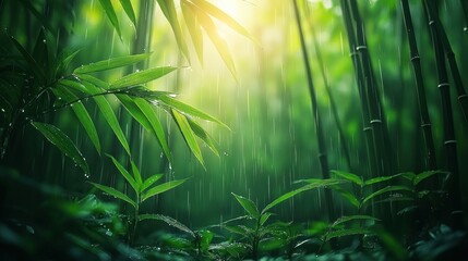 Rain falling on lush green bamboo forest.