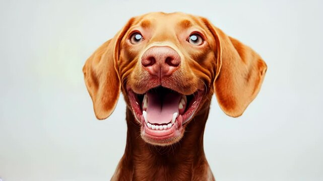 portrait of a happy smiling Vizsla dog on a white background