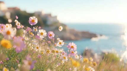 Obraz premium Cliffside wildflower field in bloom coastal ocean view nature serene environment floral landscape