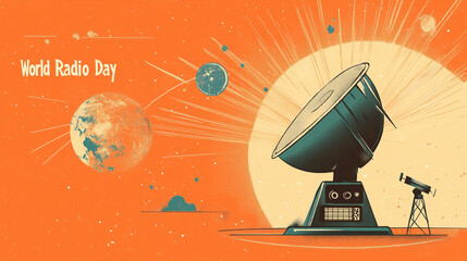 Futuristic radio telescope illustration celebrating World Radio Day on an orange space themed background