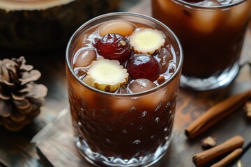 Sujeonggwa is a traditional Korean cinnamon drink dark reddish brown made with cinnamon dried persimmon and ginger topped with pine nuts and jujube