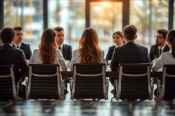 Obraz premium Business meeting with professionals engaged in discussion in a modern conference room during sunset
