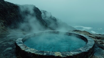 Relaxing cliffside hot spring overlooking ocean nature retreat steam rising coastal serenity