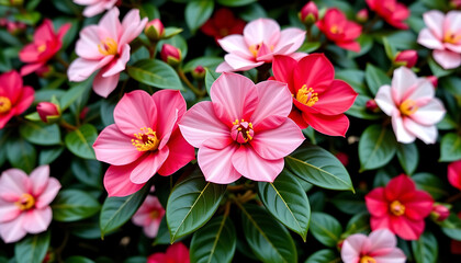 Camellia Serenity - A camellia bush in full bloom with deep red white and pink flowers. background copyspace