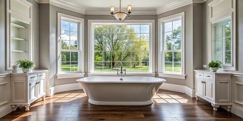 Spacious bathroom with white bathtub near window