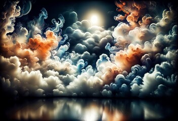 Colorful fog swirling in a harmonious dance of light and shadow, creating a fluid, ethereal atmosphere on a darkened floor. Created with generative AI technology