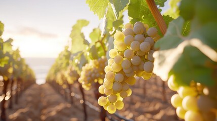 Fototapeta premium Vineyard harvest at dusk coastal cliffside grape rows serene landscape natural illumination