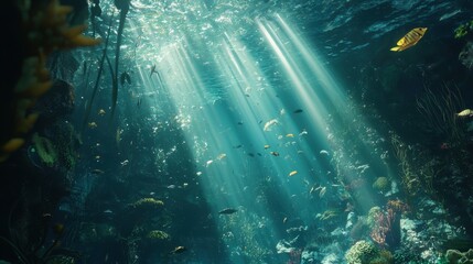A vibrant underwater scene showcasing sunlight rays penetrating the water, illuminating various fish and coral in an enchanting marine environment.