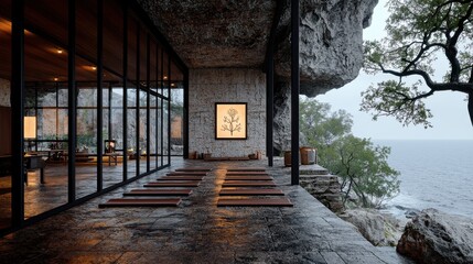 Obraz premium Dawn yoga retreat on cliffside tranquil mats arranged serene ocean view natural environment