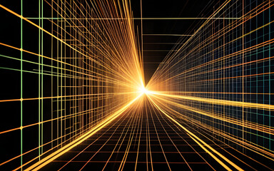 A glowing data point, connecting with light trails to other points in an abstract grid