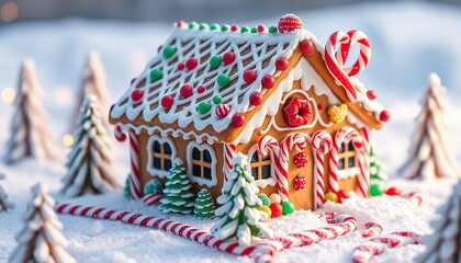Obraz premium Imagine a whimsical gingerbread house decorated with icing, candy canes, and gumdrops, set in a snowy landscape with small candy trees.