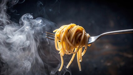 Spaghetti on fork with steam on dark background