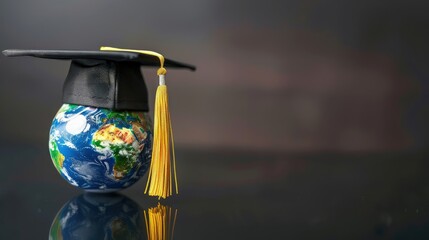 A sleek black graduation cap rests beside a small, intricately detailed globe on a polished wooden table. 