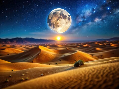 Captivating tilt-shift photography captures a full moon's enchanting glow over a desert nightscape.