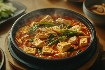 Sundubu Jjigae a classic Korean stew features silky uncurdled tofu in a spicy broth shown in a bowl on a table