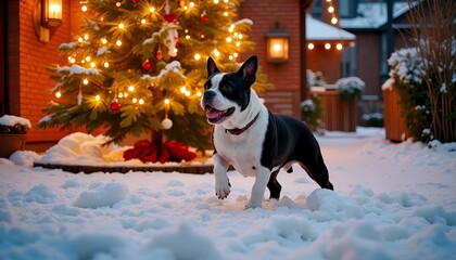 Boston Terrier Dog in Snow with Christmas Tree Background