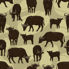 Seamless pattern with African buffalo. Buffalo and their calves stand and walk. Realistic vector animals of Africa