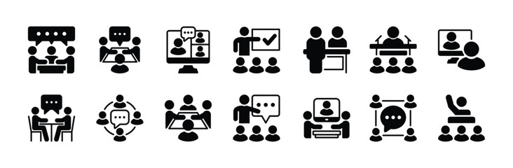 Meeting icon vector set. Contains business teamwork, conference, workplace, seminar, teaching, classroom, interview, discussion, forum, presentation, online video, discourse, group talk