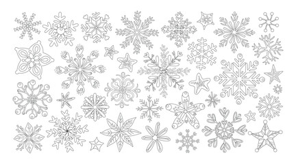 Set of isolated snowflakes in cute doodle hand-drawn style on a transparent background. Volume 1: Black outline and white plain style.