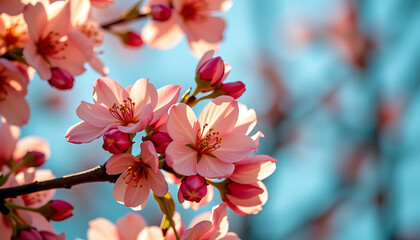 Obraz premium Peach Blossom Dream - Peach blossoms in soft pink hues with a warm golden glow surrounding them. background copyspace