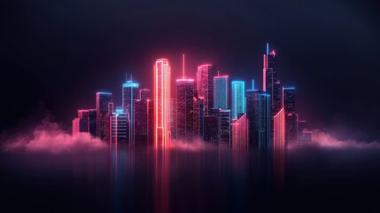 Obraz premium A vibrant neon city skyline emerges from fog, illuminated by pink and blue lights against a dark backdrop.
