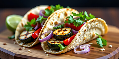 Grilled Vegetable Tacos - Soft tortillas filled with grilled vegetables like zucchini peppers and onions. backdrop background digital art crisp oilpinting minimalist sharp details funny background c
