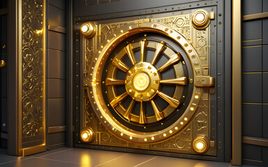 A digital D vault, with glowing golden edges and intricate patterns on its door