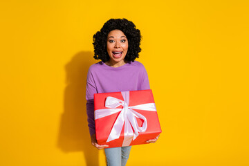 Portrait of pretty young woman hold large giftbox wear violet pullover isolated on yellow color background