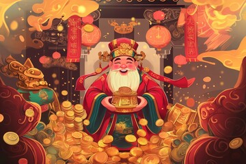 Generative AI Depiction of Cai Shen God of Wealth Celebrating Lunar New Year with Red Envelopes