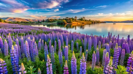 Spectacular lupine superbloom at Folsom Lake in Central Valley, California Silhouette