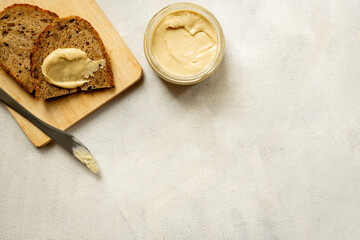Vegan coconut butter cream with multigrain bread. Sugar and lactose free breakfast