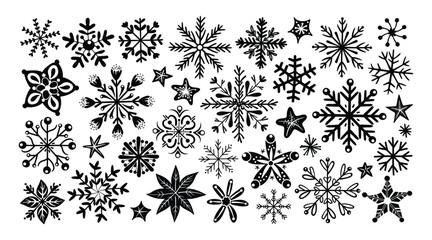 Set of isolated snowflakes in cute doodle hand-drawn style on a transparent background. Volume 1: Black silhouette style.