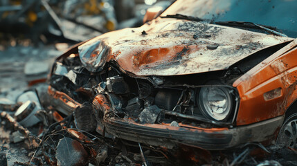 close up of crumpled orange car front after accident, showcasing damage