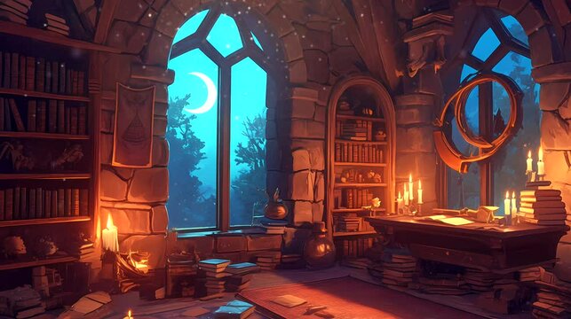 Enchanted study room with glowing moonlight and mystical objects. Seamless looping 4k video background