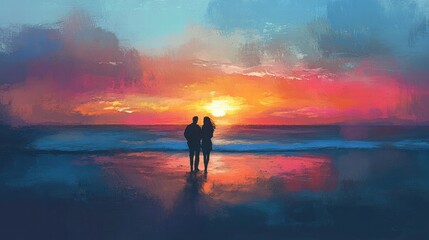 Fototapeta premium Tranquil sunrise beach photo a couple's peaceful togetherness in wide perspective