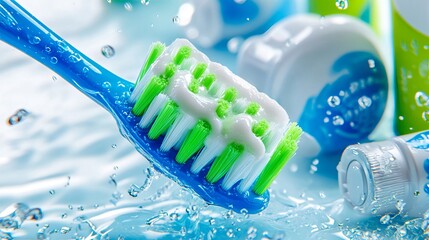 A blue and green toothbrush with toothpaste and toothpaste tubes in the water