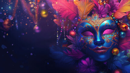 vibrant Mardi Gras mask adorned with colorful feathers and beads